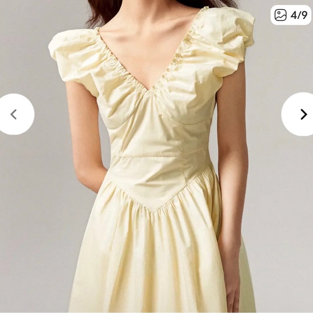 Cottage core yellow Cream V-Neck Puff Sleeve Dress